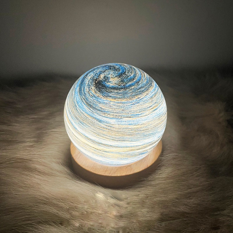 3D Planet Night Light — Hand-Painted Glass Galaxy Lamp with Wooden Base, 6 Designs