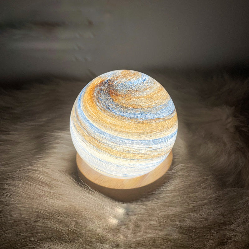 3D Planet Night Light — Hand-Painted Glass Galaxy Lamp with Wooden Base, 6 Designs