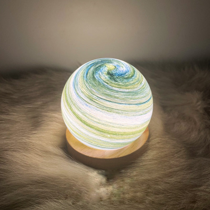 3D Planet Night Light — Hand-Painted Glass Galaxy Lamp with Wooden Base, 6 Designs
