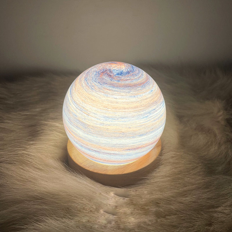3D Planet Night Light — Hand-Painted Glass Galaxy Lamp with Wooden Base, 6 Designs